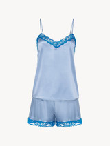Short pajamas in grey blue silk stretch with lace_0