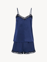 Short pajamas in midnight  blue silk stretch with lace_0