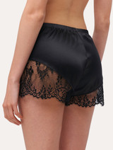 Black silk pajama shorts with Leavers lace trim_2