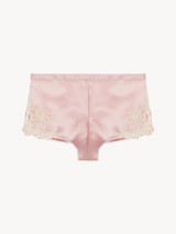 Powder pink silk satin sleep shorts with frastaglio_0