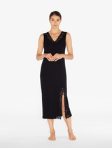 Long Cashmere Blend Ribbed Nightgown in Onyx with Frastaglio_1