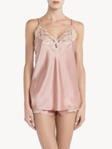 Powder pink silk sleep shorts with frastaglio_3