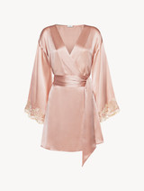 Powder pink silk satin short robe with frastaglio_0
