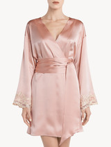 Powder pink silk satin short robe with frastaglio_1