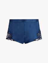 Petrol blue silk sleep shorts with frastaglio_0