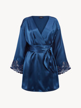 Petrol blue silk satin short robe with frastaglio_0
