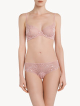 Underwired bra in pink silk satin stretch with Leavers lace_1