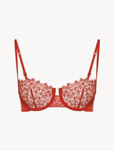 Balconette bra in red silk-georgette with macramè trim_0