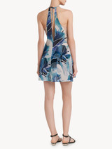 Short dress in blue silk stretch with lace trim_1