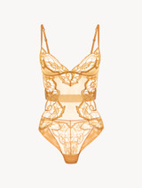 Bodysuit in yellow tulle and Leavers lace_0