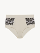 High-waisted brief in grey Lycra and black Leavers lace_0
