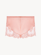 Pink silk pajama shorts with Leavers lace trim_0