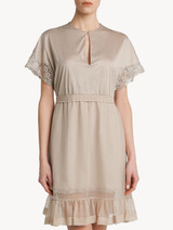 Soft beige short sleeved cotton and chiffon nightgown_1