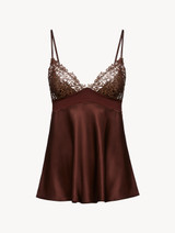 Brown silk camisole with copper macramé_0