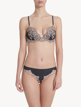 Dark grey and pink embroidered tulle triangle V-bra_1