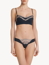 Dark grey and pink embroidered tulle thong_1