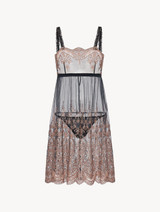 Dark grey and pink embroidered tulle short slip and thong set_0