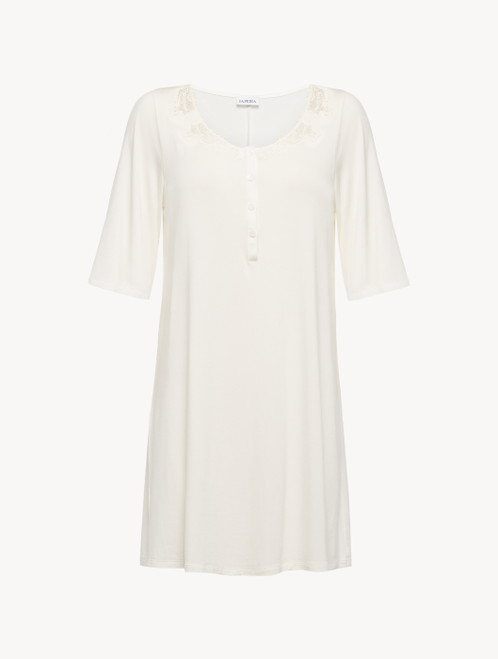 Short nightgown in white modal jersey with embroidered tulle and button detail_1