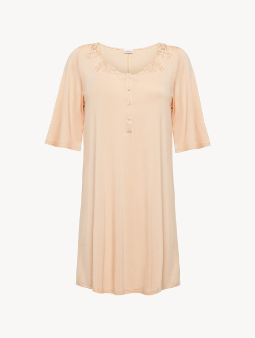 Short nightgown in pink modal jersey with embroidered tulle and button detail_0