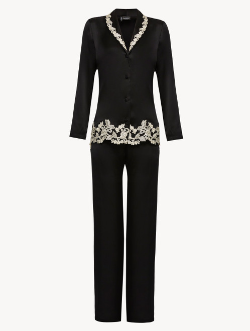 Black silk pajama set with ivory frastaglio_4