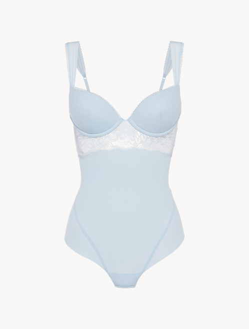 Underwired Bodysuit in blue Lycra with Leavers lace_1