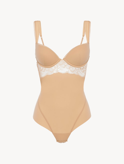 Underwired Bodysuit in beige Lycra with Leavers lace_3