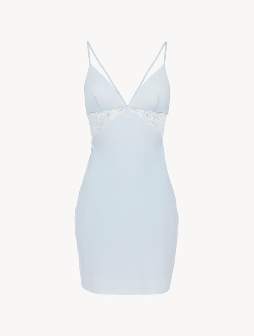 Slip Dress in blue Lycra with Leavers lace_1