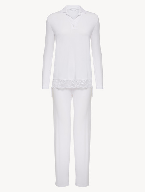 White pajama set in stretch modal jersey with Leavers lace_0