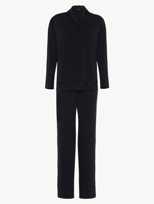 Black pajama set in stretch modal jersey with Leavers lace_1