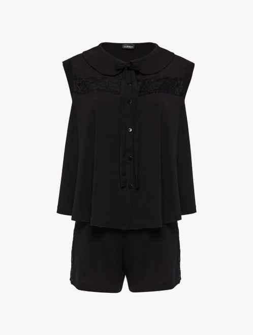 Black pyjamas in stretch modal jersey with Leavers lace_3