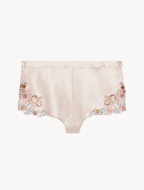 Sleep shorts in blush pink silk with embroidered tulle_0