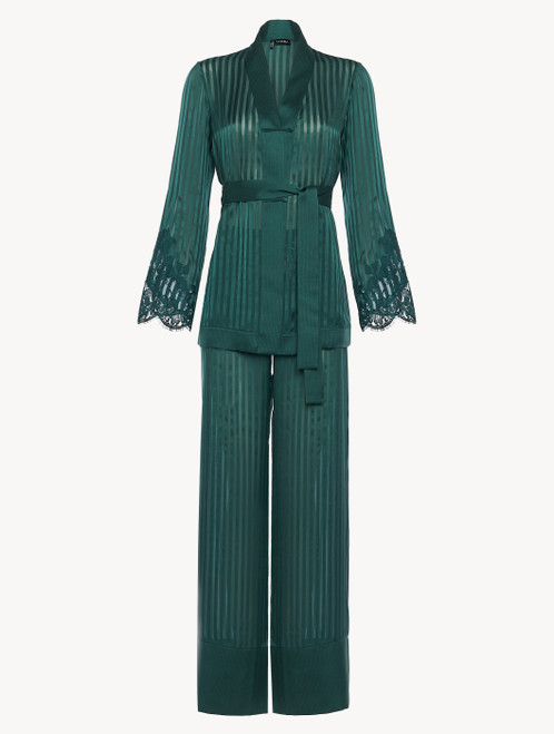 Dark green silk pajama set with Leavers lace_3