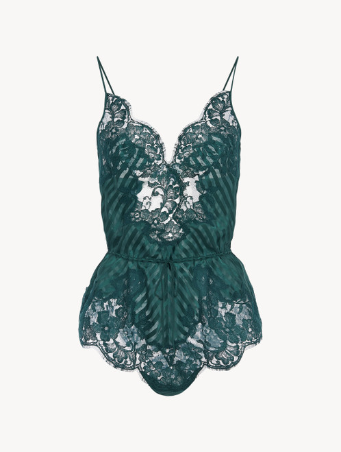 Playsuit in dark green silk with Leavers lace_3
