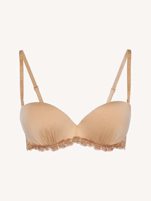 Bandeau Bra in beige Lycra with embroidered tulle_0