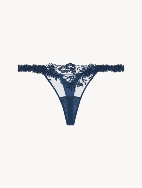 Thong in blue Lycra with embroidered tulle_4