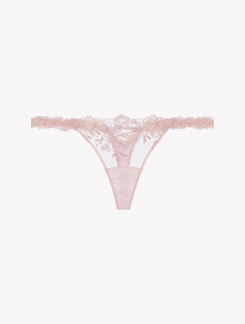 Thong in pink Lycra with embroidered tulle_4