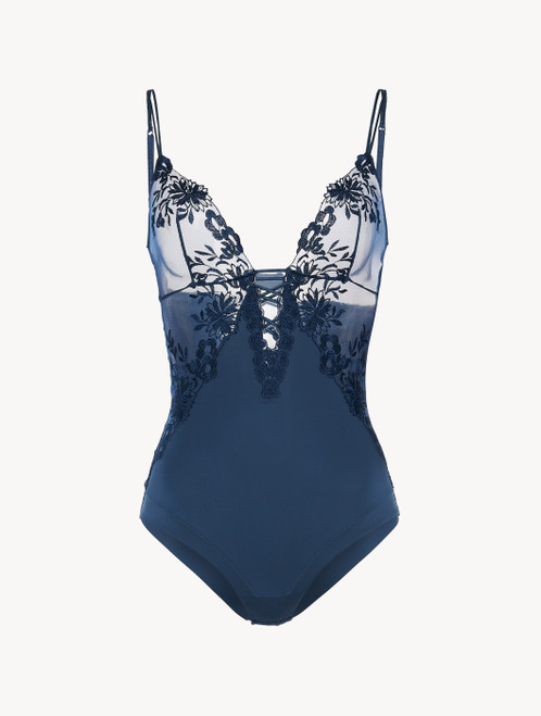 Bodysuit in blue Lycra with embroidered tulle_3