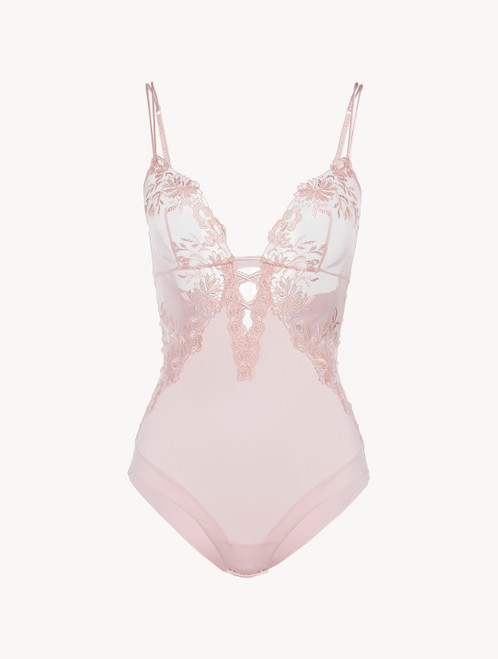 Bodysuit in pink Lycra with embroidered tulle_0