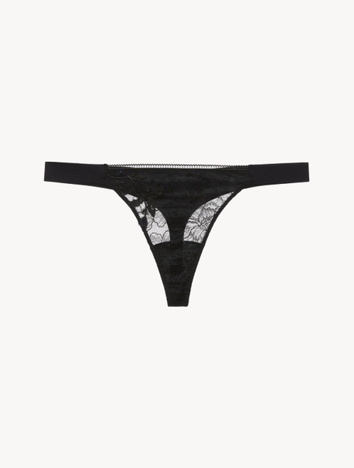 Black thong in Lycra and Leavers lace_0