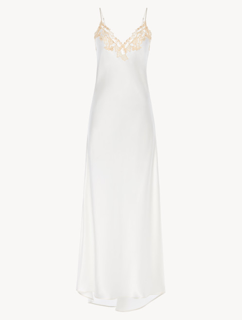 Off-white silk long nightgown with macramé