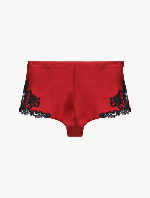 Red silk sleep shorts with frastaglio embroidery_1