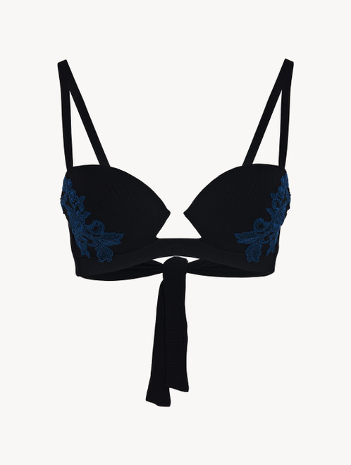 Underwired Bikini Top in black with dark blue embroidery_4