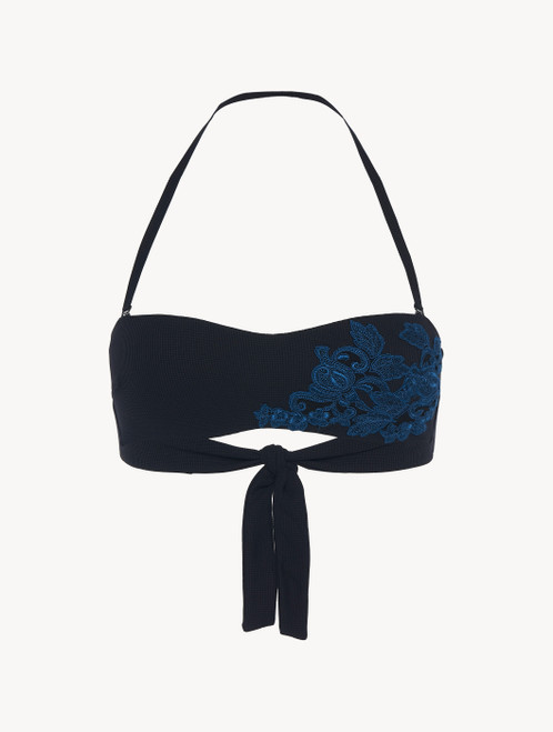 Bandeau Bikini Top in black with dark blue embroidery_1