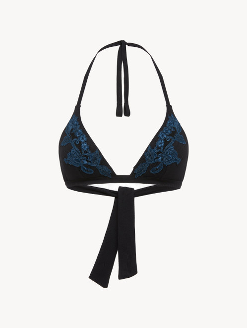 Bikini Top in black with dark blue embroidery_0