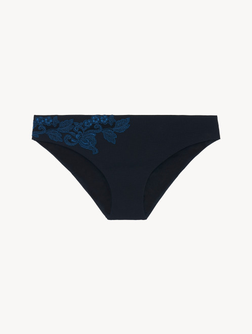 Mid-rise Bikini Briefs in black with dark blue embroidery_1