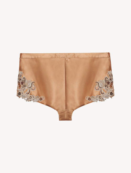 Bronze silk satin sleep shorts with frastaglio_4