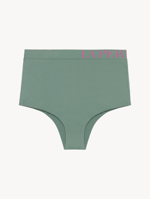 High-waisted bikini brief in khaki green with logo_4