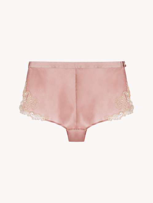 Powder pink silk sleep shorts with frastaglio_3