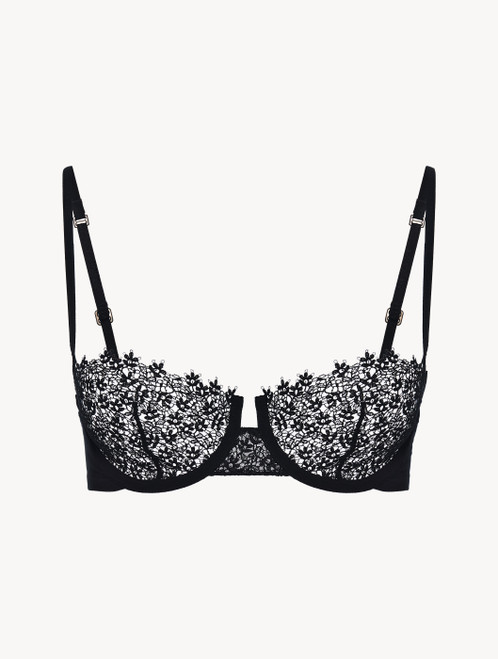 Balconette bra in black silk-georgette with macramè trim_1