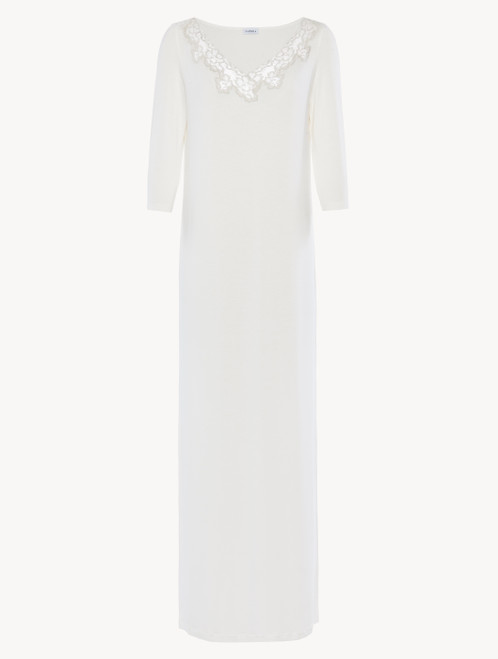 Long nightgown in white modal stretch with Leavers lace and silk chiffon_1